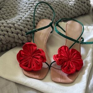 Amina Muaddi Red and Green Floral Sandals